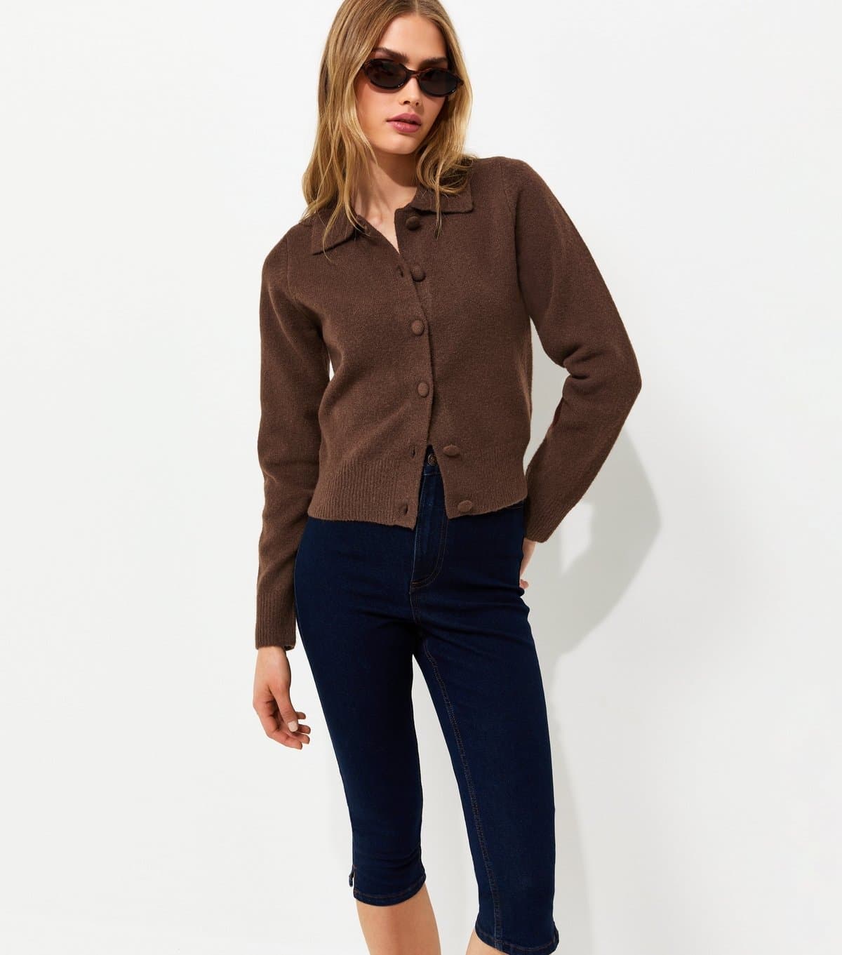New Look Women's Dark Brown Midweight Knit Collared Button Front Cardigan New Look