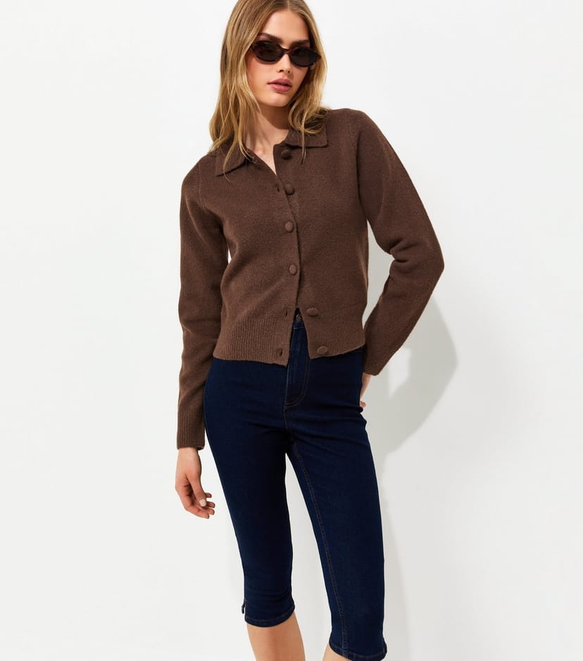 New Look Women's Dark Brown Midweight Knit Collared Button Front Cardigan New Look - 1
