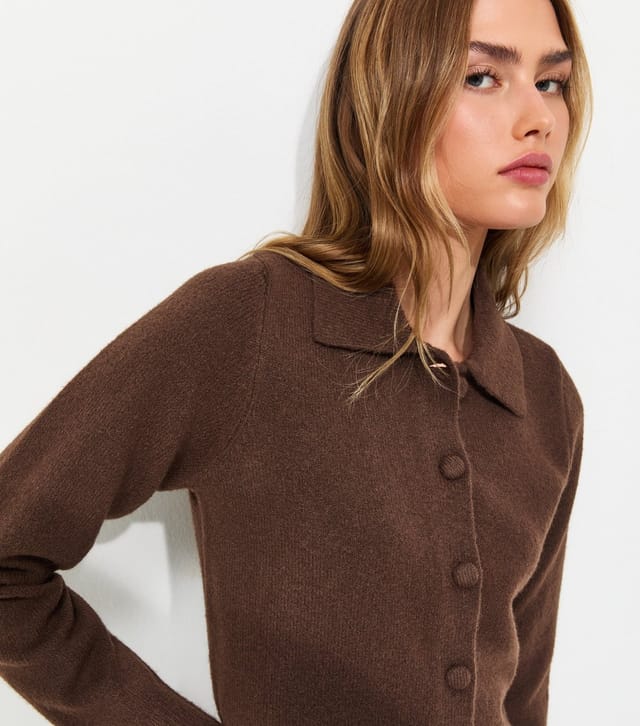 New Look Women's Dark Brown Midweight Knit Collared Button Front Cardigan New Look - 2