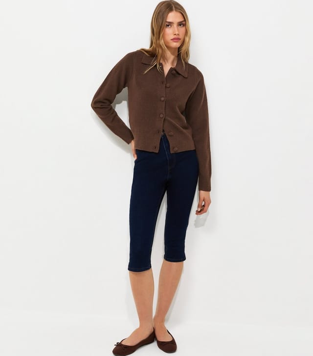 New Look Women's Dark Brown Midweight Knit Collared Button Front Cardigan New Look - 3