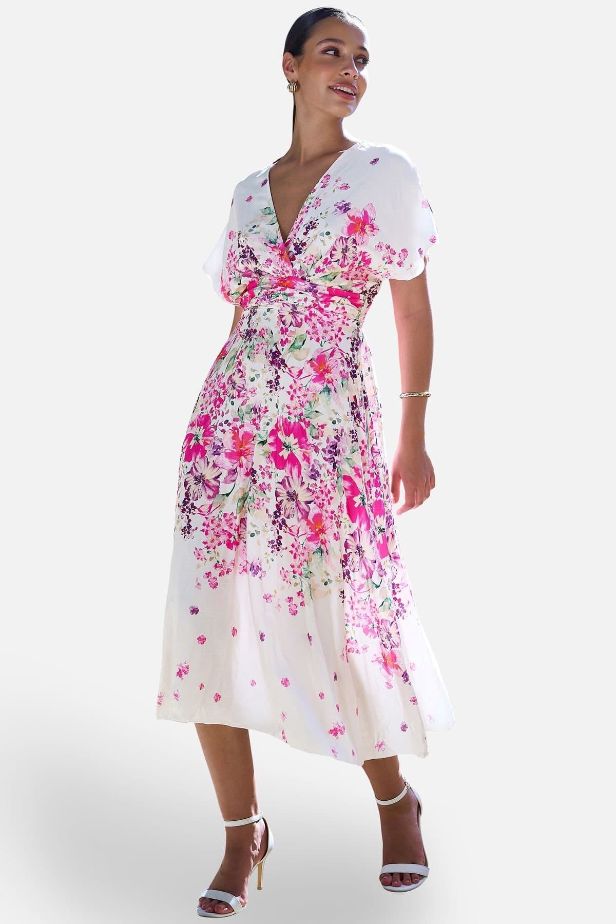 Yumi Yumi Women's Pink Mirror Floral Print Ruched Waist Kimono Midi Dress in Fuchsia