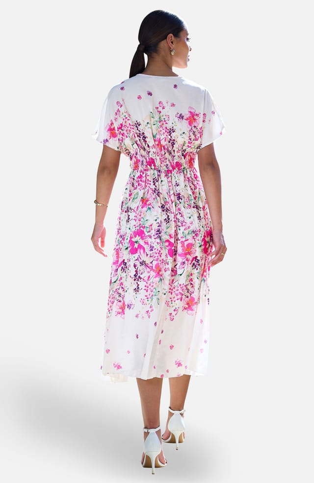 Yumi Yumi Women's Pink Mirror Floral Print Ruched Waist Kimono Midi Dress in Fuchsia - 2