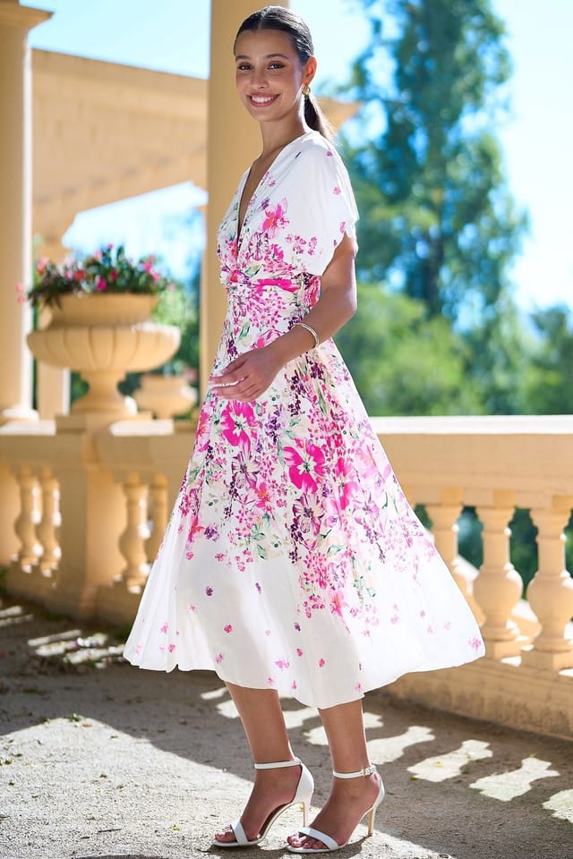 Yumi Yumi Women's Pink Mirror Floral Print Ruched Waist Kimono Midi Dress in Fuchsia - 3