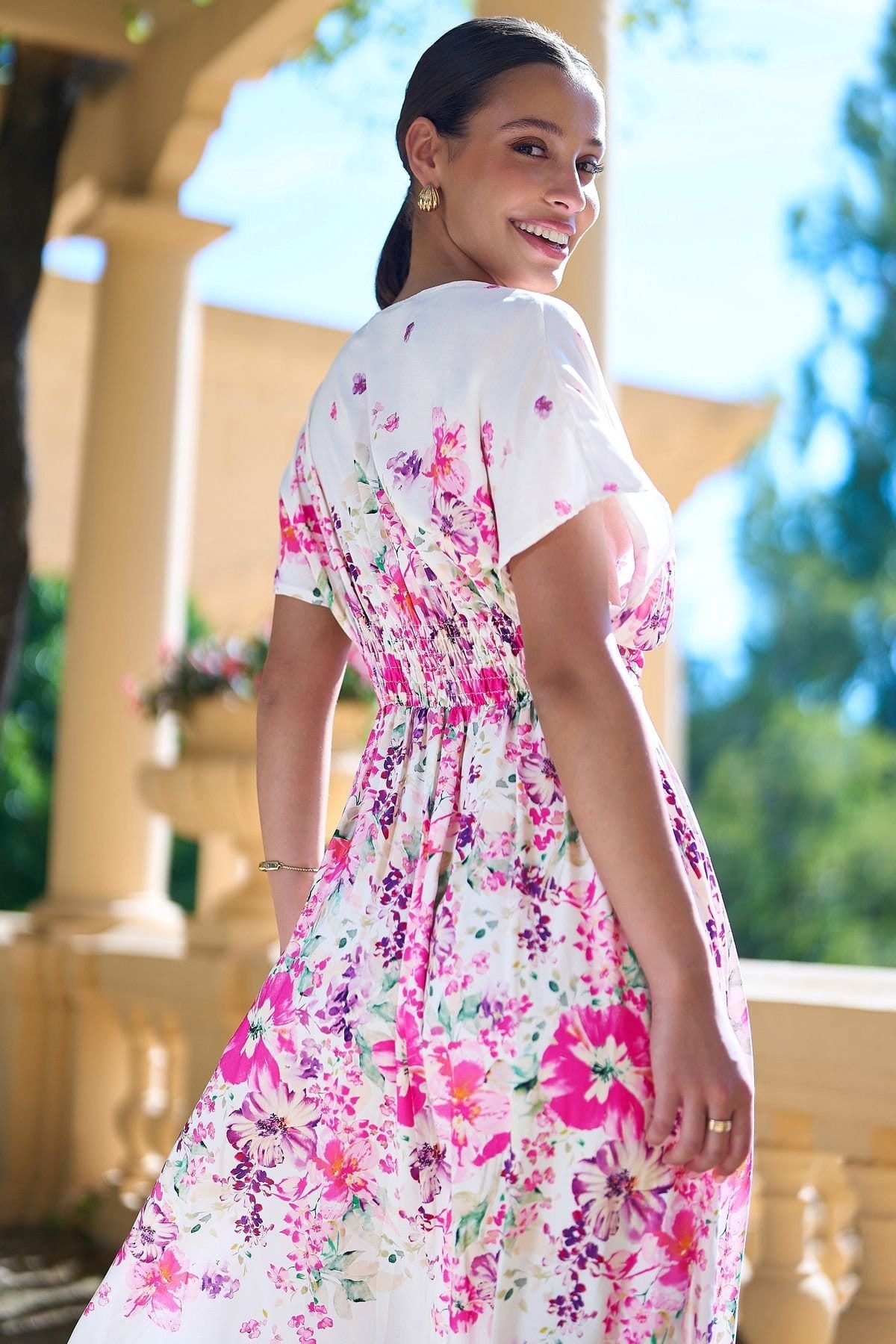 Yumi Yumi Women's Pink Mirror Floral Print Ruched Waist Kimono Midi Dress in Fuchsia - 4