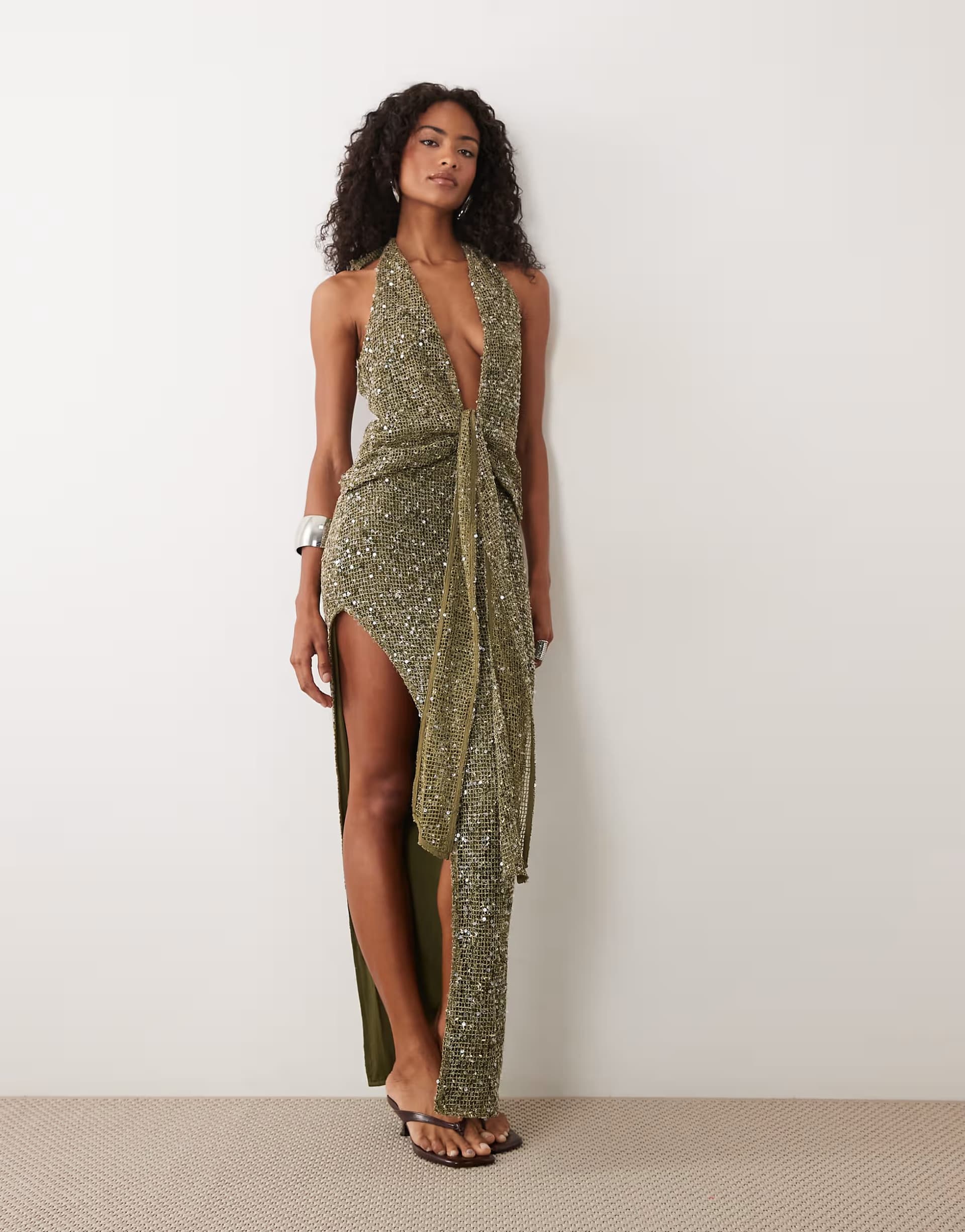 ASOS Murci halterneck plunge drape knot detail knitted sequin maxi dress in khaki