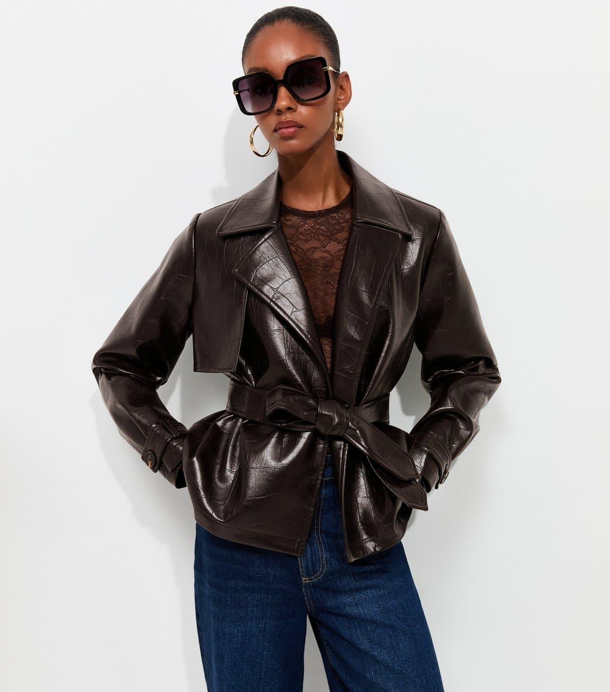 New Look Women's Dark Burgundy Patent Faux Leather Crocodile Embossed Tie Waist Jacket New Look