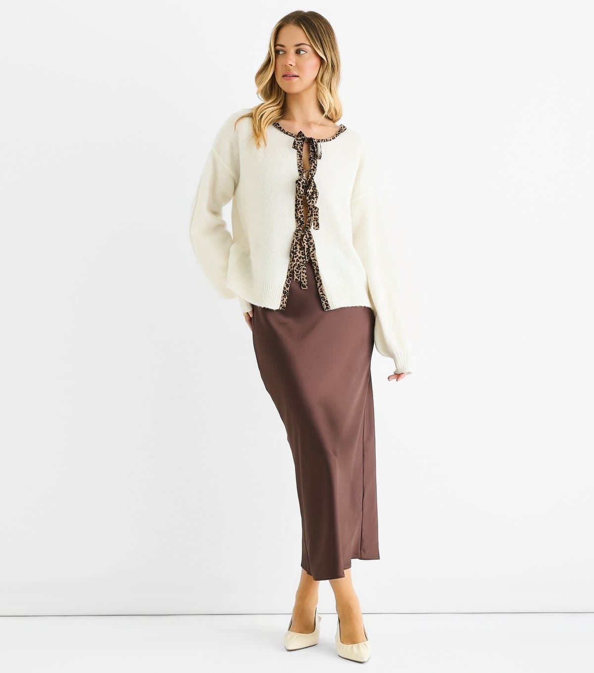 Gini London Women's Cream Leopard Print Trim Tie Front Cardigan Gini London New Look