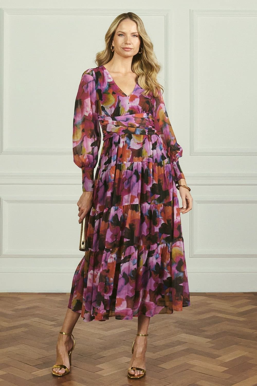 Izabel London Izabel London Women's Floral Long Sleeve Ruched Maxi Dress in Pink