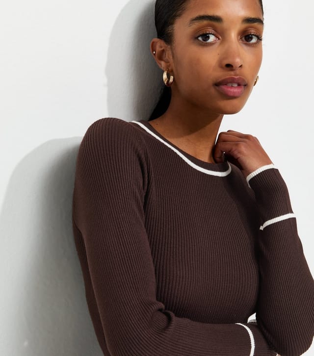 New Look Women's Brown Ribbed Tipped Crew Neck Jumper New Look - 2