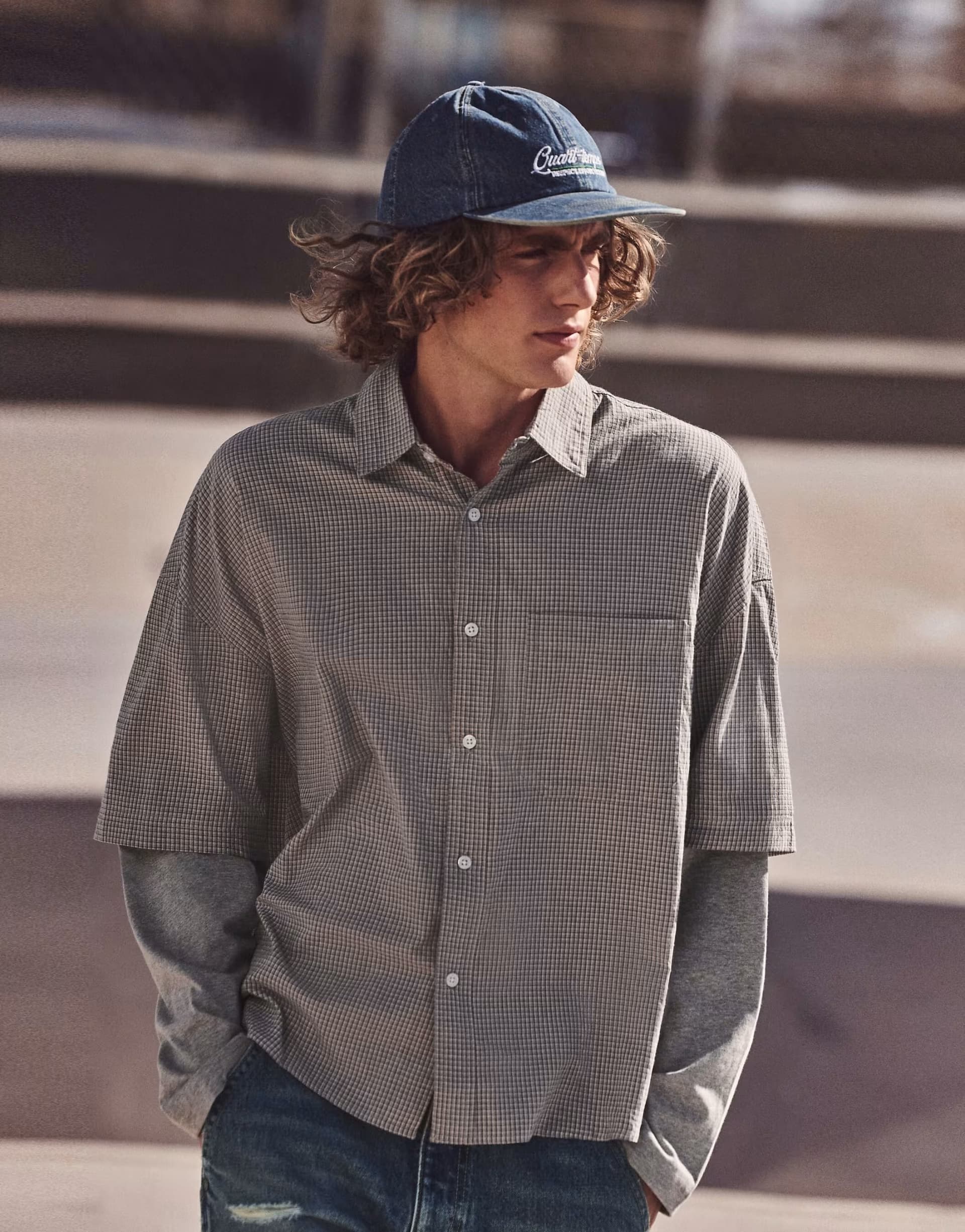 ASOS Pull&Bear Double sleeve check shirt in white and grey