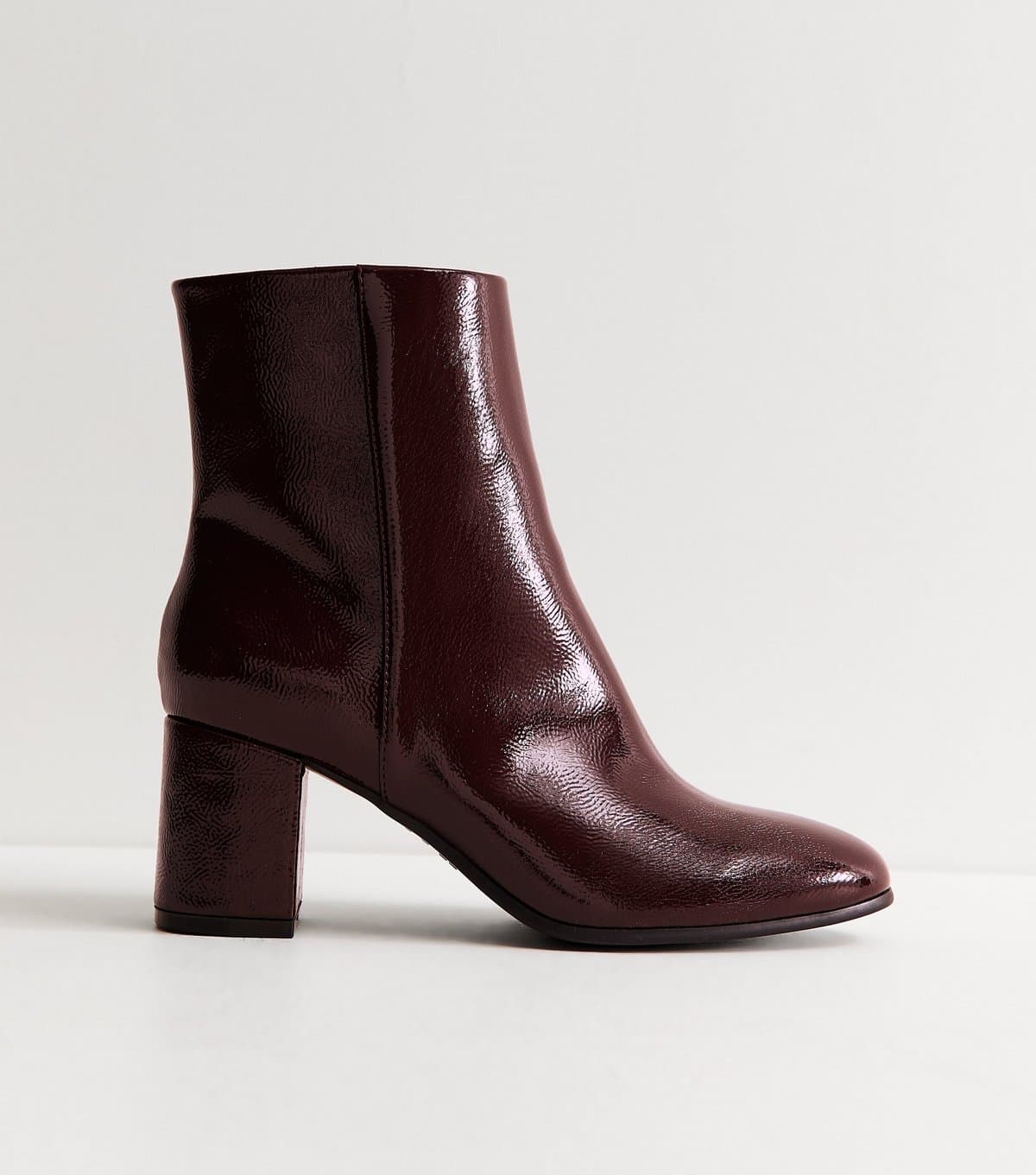 New Look Women's Wide Fit Dark Burgundy Patent Faux Leather Block Heel Ankle Boots Vegan New Look