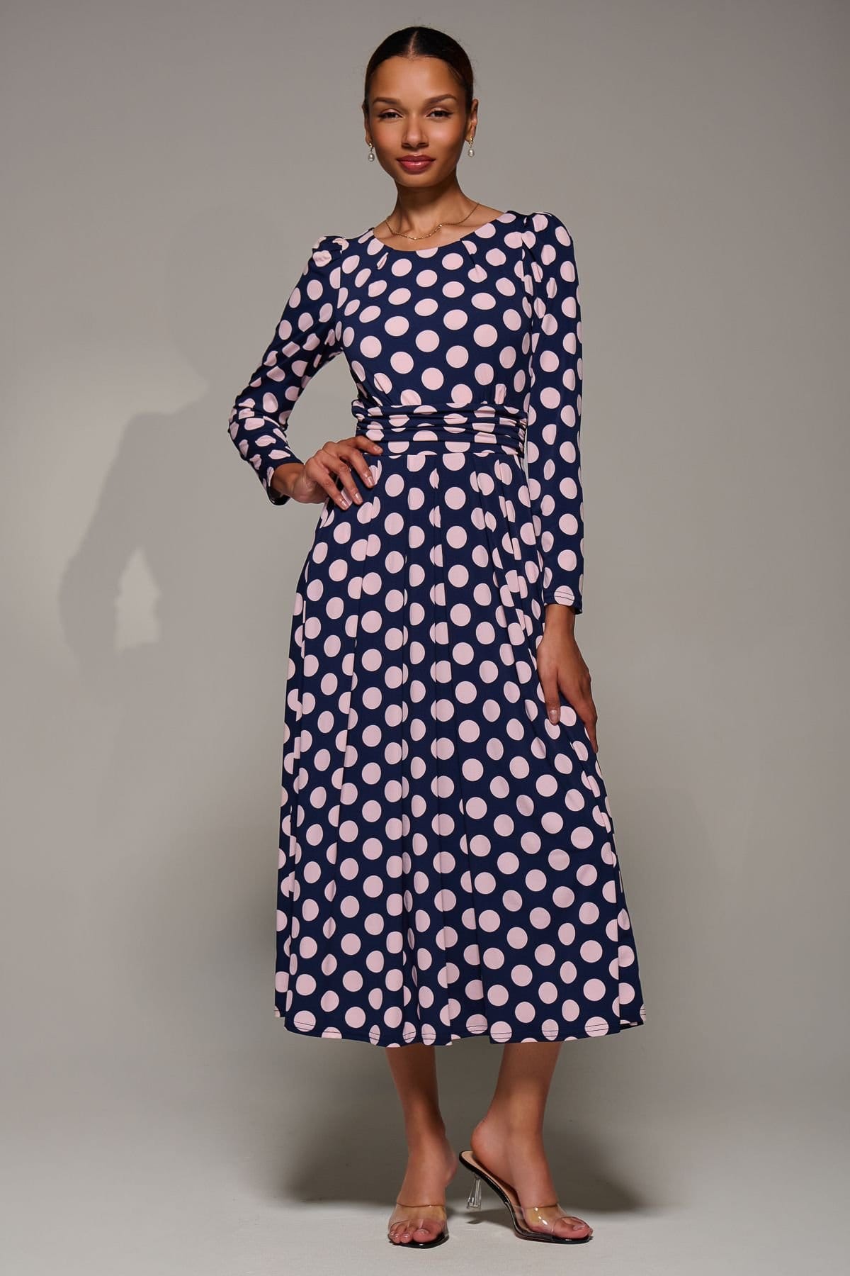 Jolie Moi Navy Polka Dot Puff Sleeve Jersey Maxi Dress