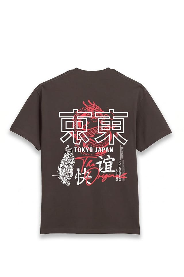 LONDON ATTITUDE LONDON ATTITUDE Men's Tokyo Dragon Oversized Heavyweight Cotton T-Shirt in Chocolate - 2