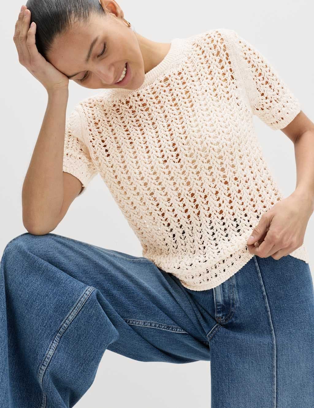 Marks & Spencer M&S Cotton Rich Textured Knitted Top Vanilla