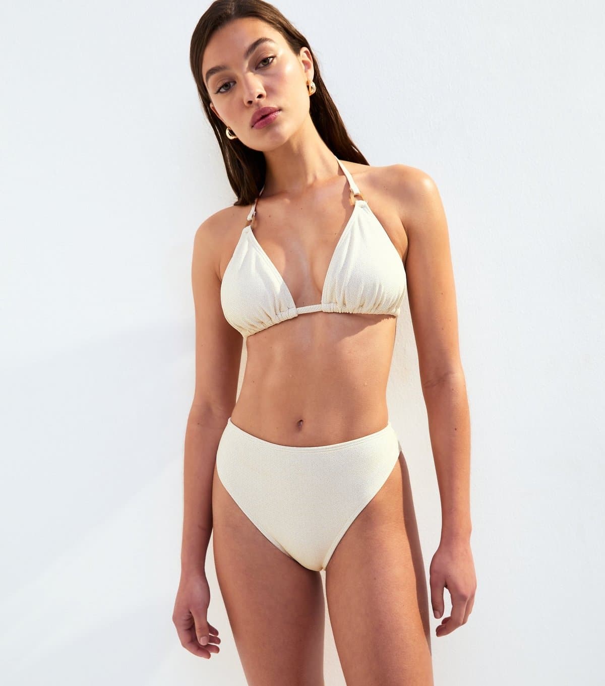 New Look New Look Cream Metallic Textured High-Rise Bikini Bottoms