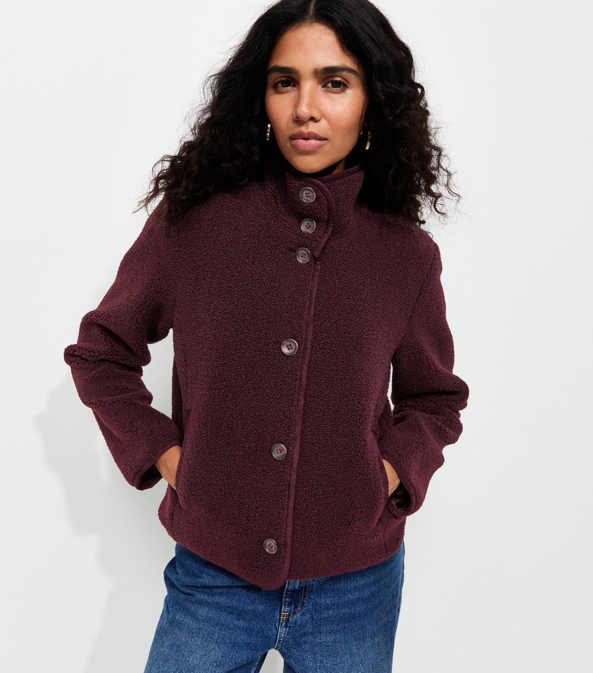 New Look Women's Burgundy Funnel Neck Borg Textured Buttoned Jacket New Look