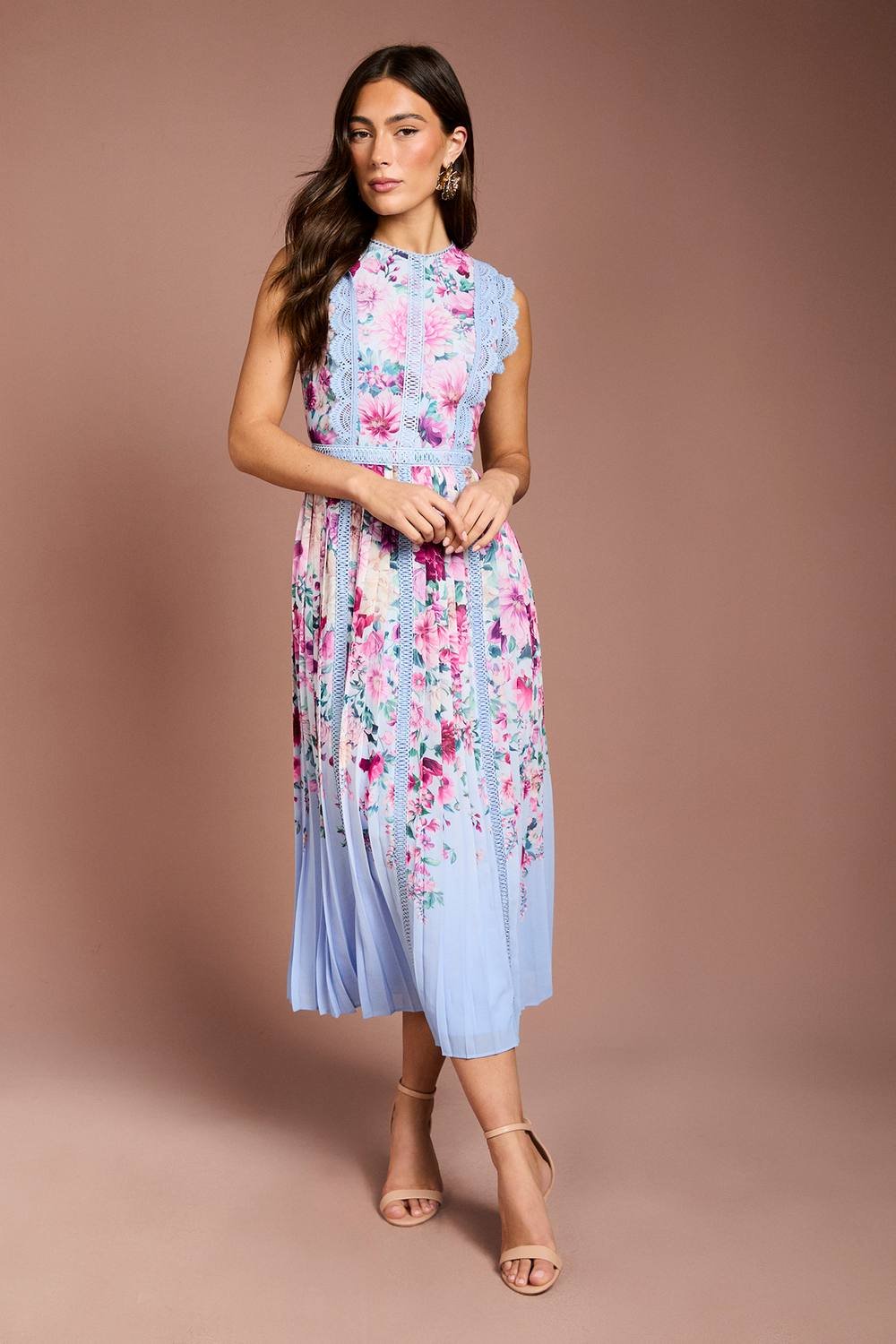 Coast Coast Women's Printed Pleat Skirt Midi Dress With Lace Trim in Blue - 2