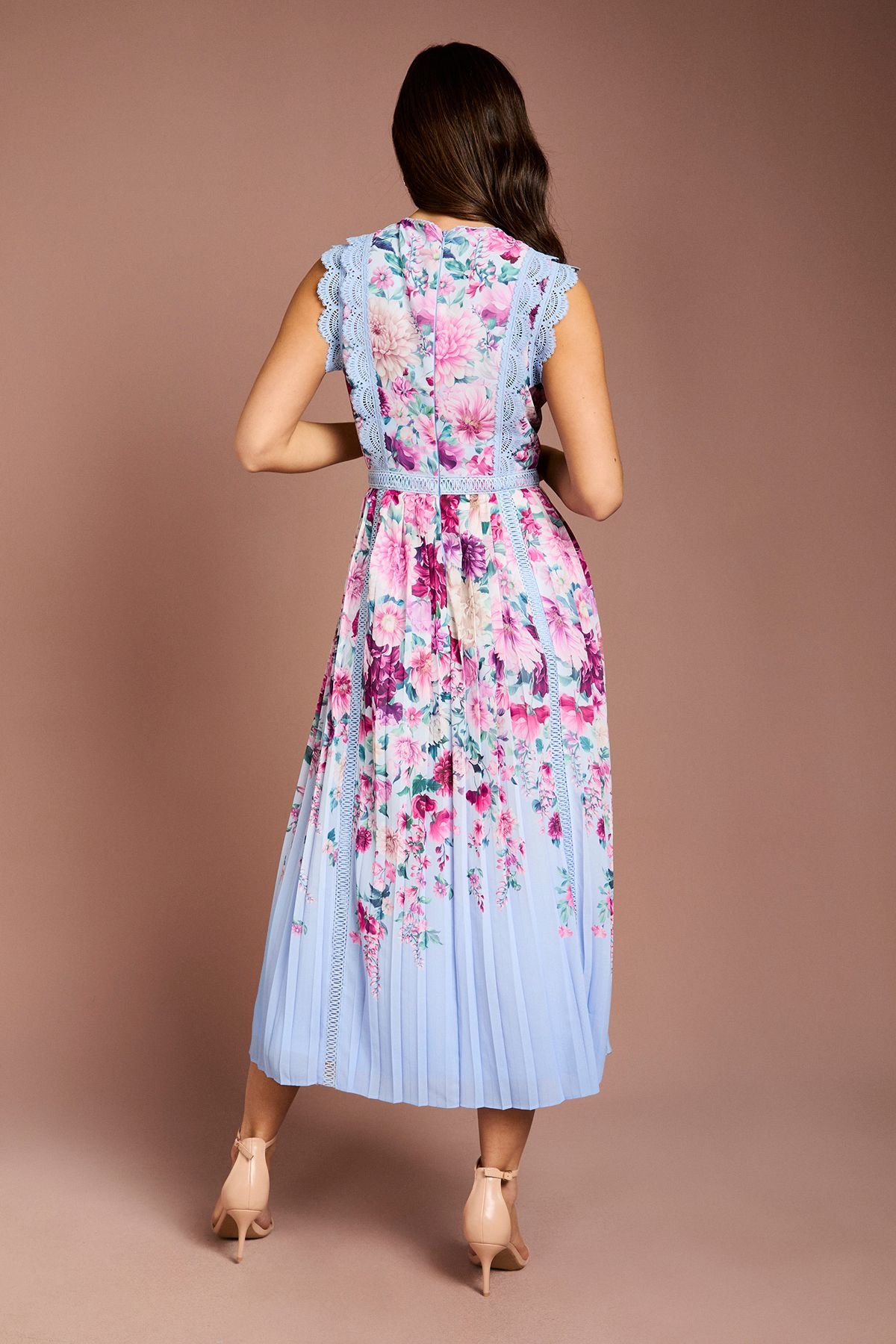 Coast Coast Women's Printed Pleat Skirt Midi Dress With Lace Trim in Blue - 3