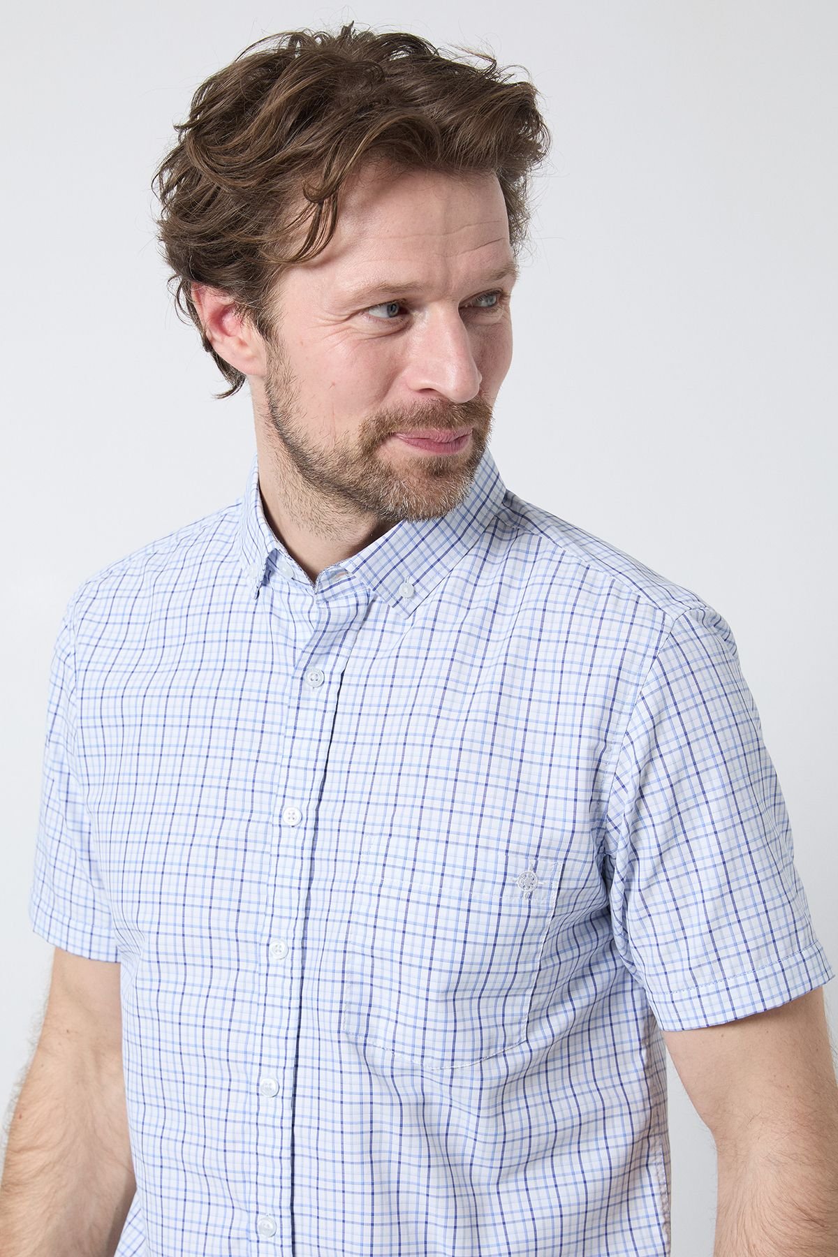 Maine Maine Men's Light Blue Classic Check Short Sleeve Shirt - 4