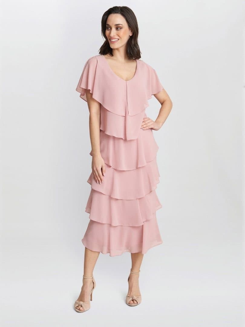 Gina Bacconi Gina Bacconi Women's Rebecca Midi Tiered Dress With Shoulder Trim in Rose