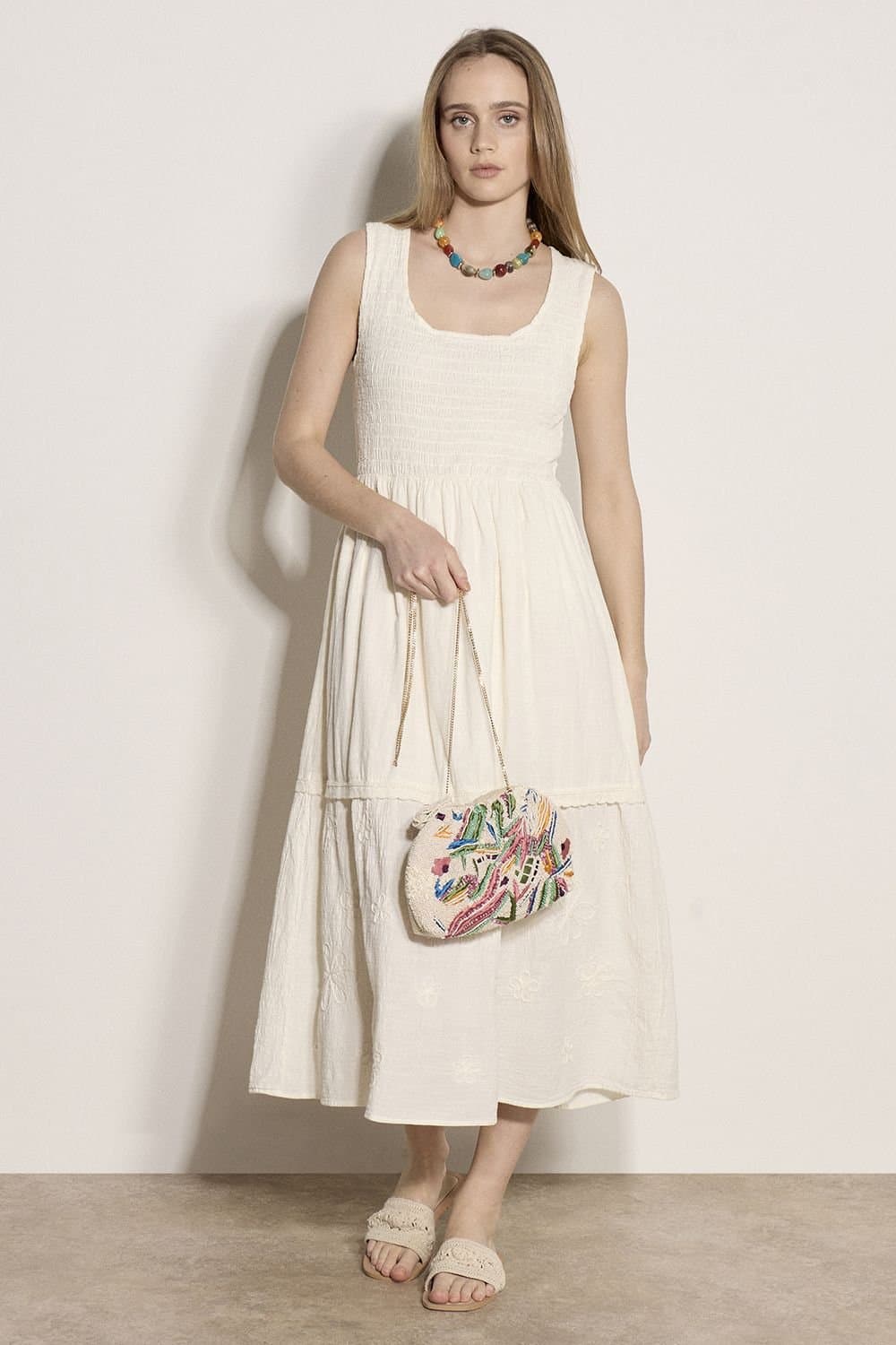 Apricot Apricot Cream Floral Embroidered Cotton Midi Dress