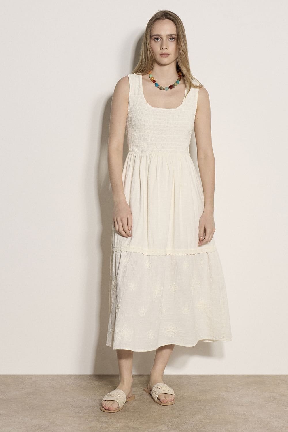 Apricot Apricot Women's Floral Embroidered Cotton Midi Dress in Cream - 4