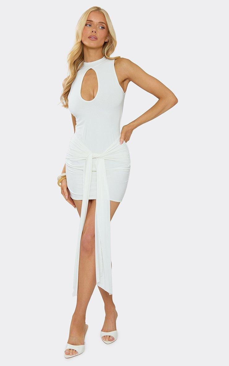 EGO High Neck Keyhole Cut Out Drape Detail Mini Dress In White, Women's Size UK 6 - 2