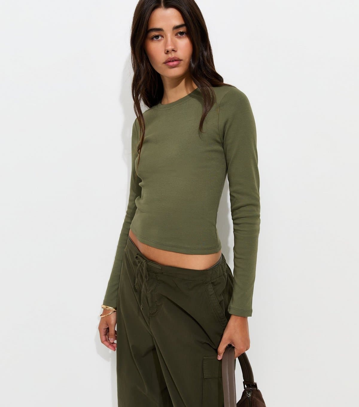 New Look Women's Dark Khaki Cotton Rich Long Sleeve Baby Tee Top New Look