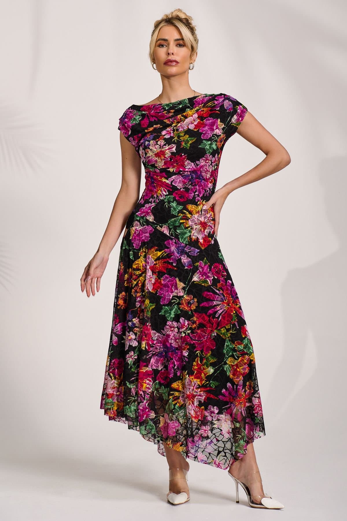 Jolie Moi Jolie Moi Women's Asymmetric Draped Print Lace Maxi Dress in Black