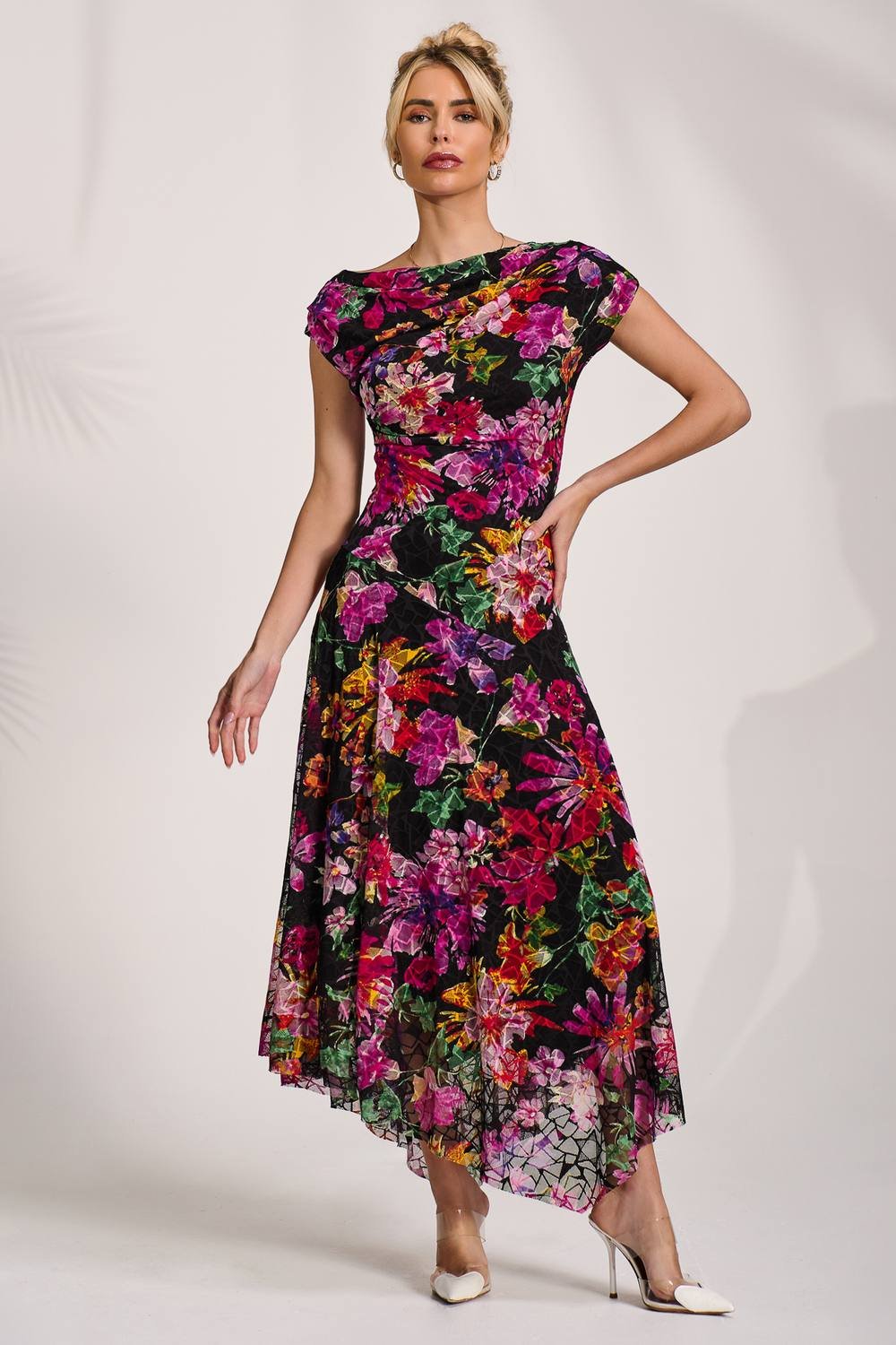 Jolie Moi Jolie Moi Women's Asymmetric Draped Print Lace Maxi Dress in Black - 4