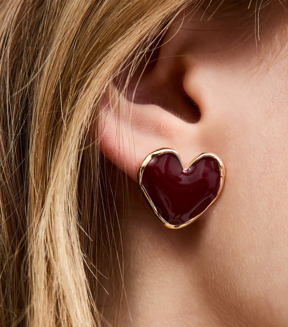 New Look New Look Gold Tone Burgundy Enamel Heart Earrings