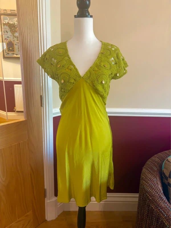 Never Fully Dressed Green satin crochet short dress