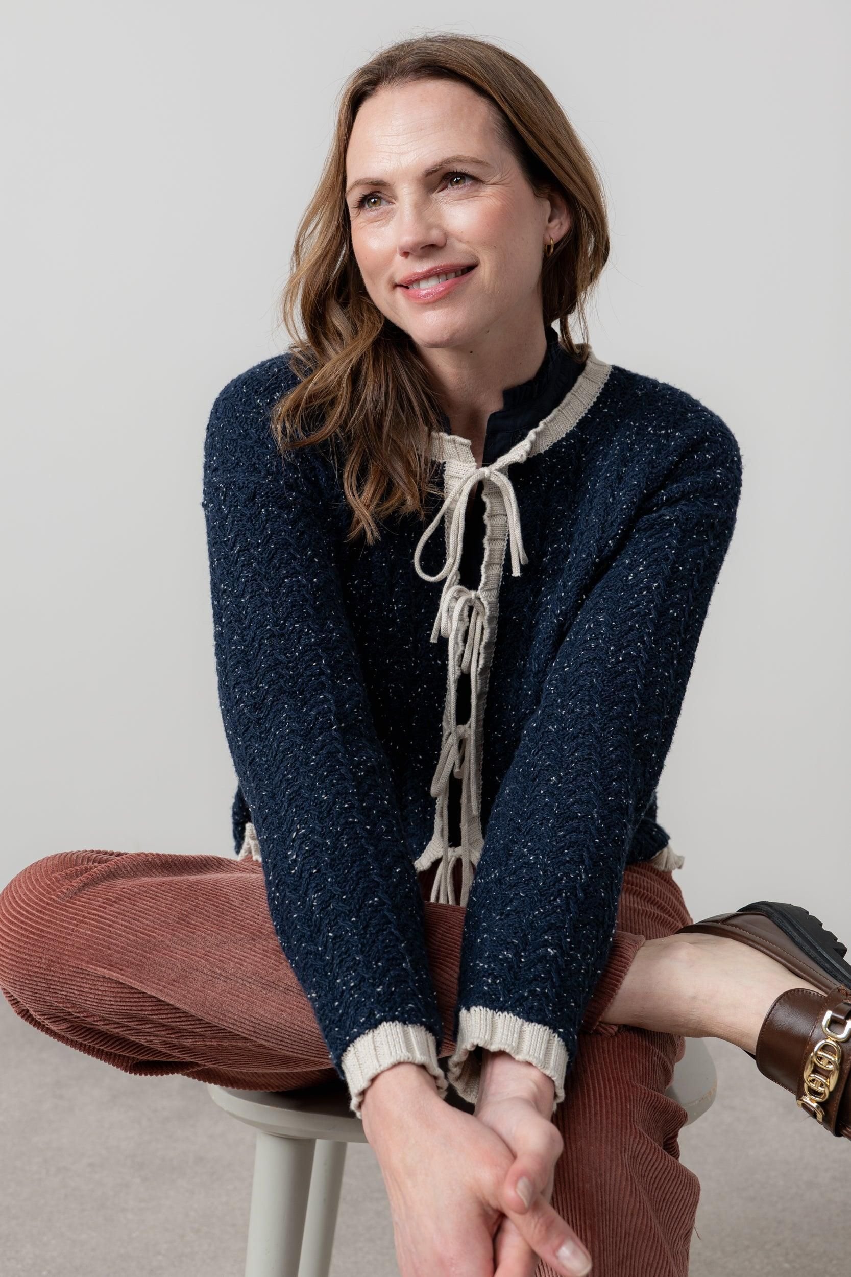 Lily & Me Lily & Me Women's Adelia Tie Front Cotton Blend Boxy Fit Cardigan in Blue - 3