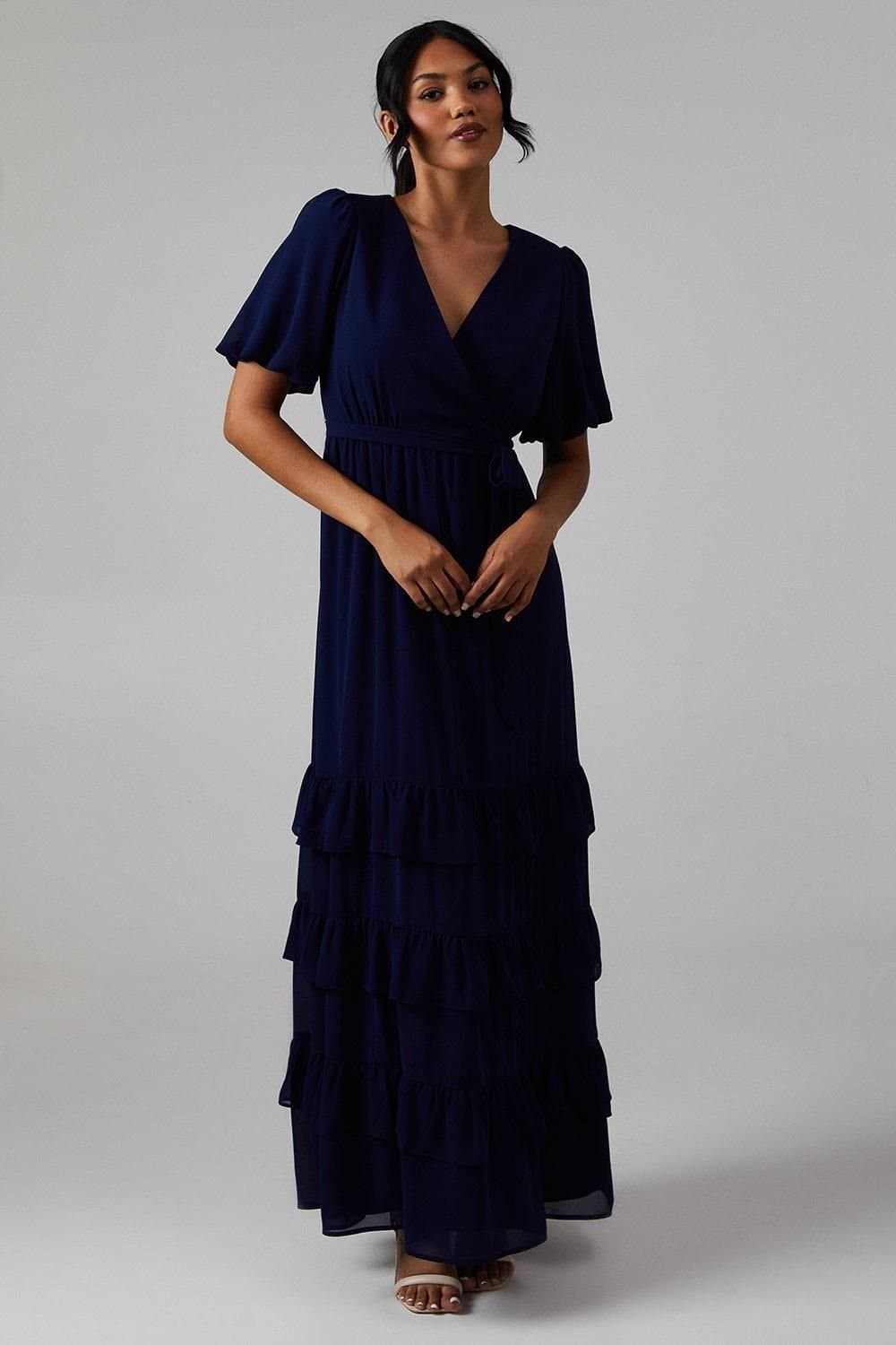 Oasis Oasis Women's V Neck Puff Sleeve Tiered Georgette Bridesmaid Dress in Navy