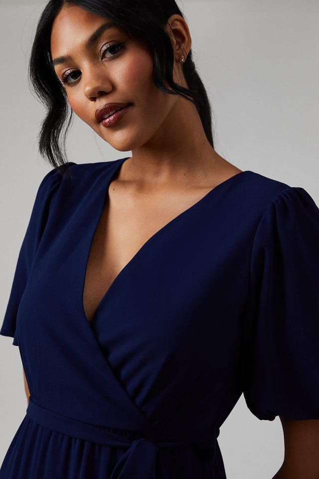 Oasis Oasis Women's V Neck Puff Sleeve Tiered Georgette Bridesmaid Dress in Navy - 2