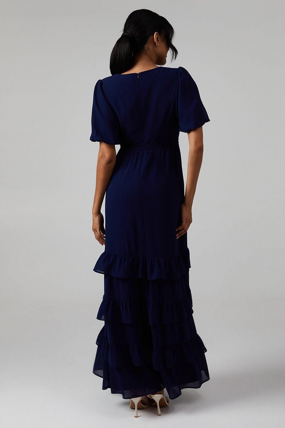 Oasis Oasis Women's V Neck Puff Sleeve Tiered Georgette Bridesmaid Dress in Navy - 3