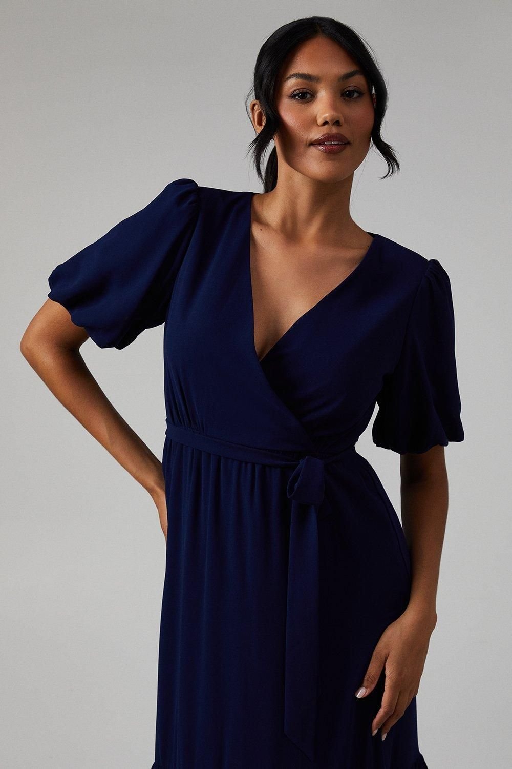 Oasis Oasis Women's V Neck Puff Sleeve Tiered Georgette Bridesmaid Dress in Navy - 4