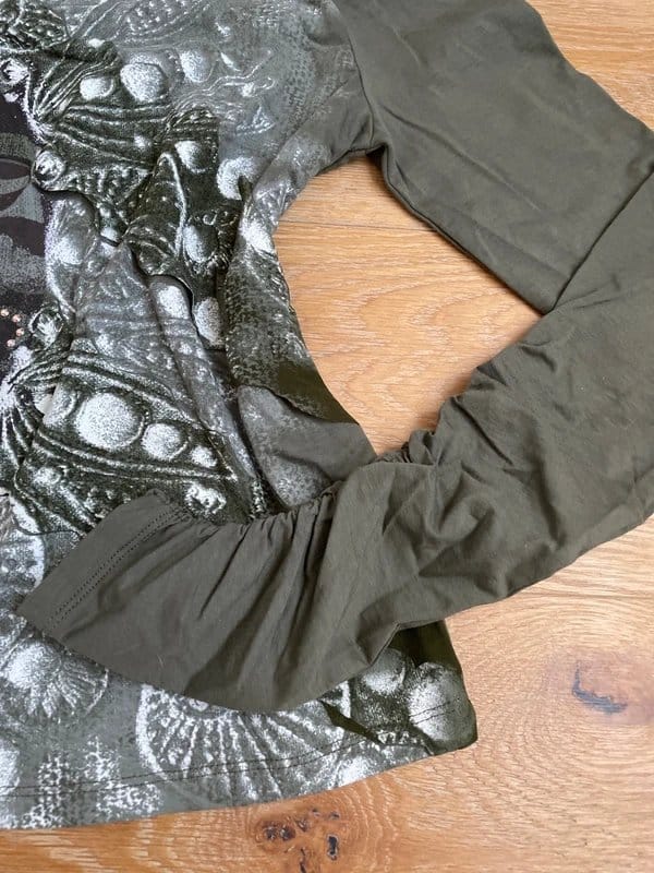 Hybris Khaki/Green Graphic Top with Sequins and Ruching