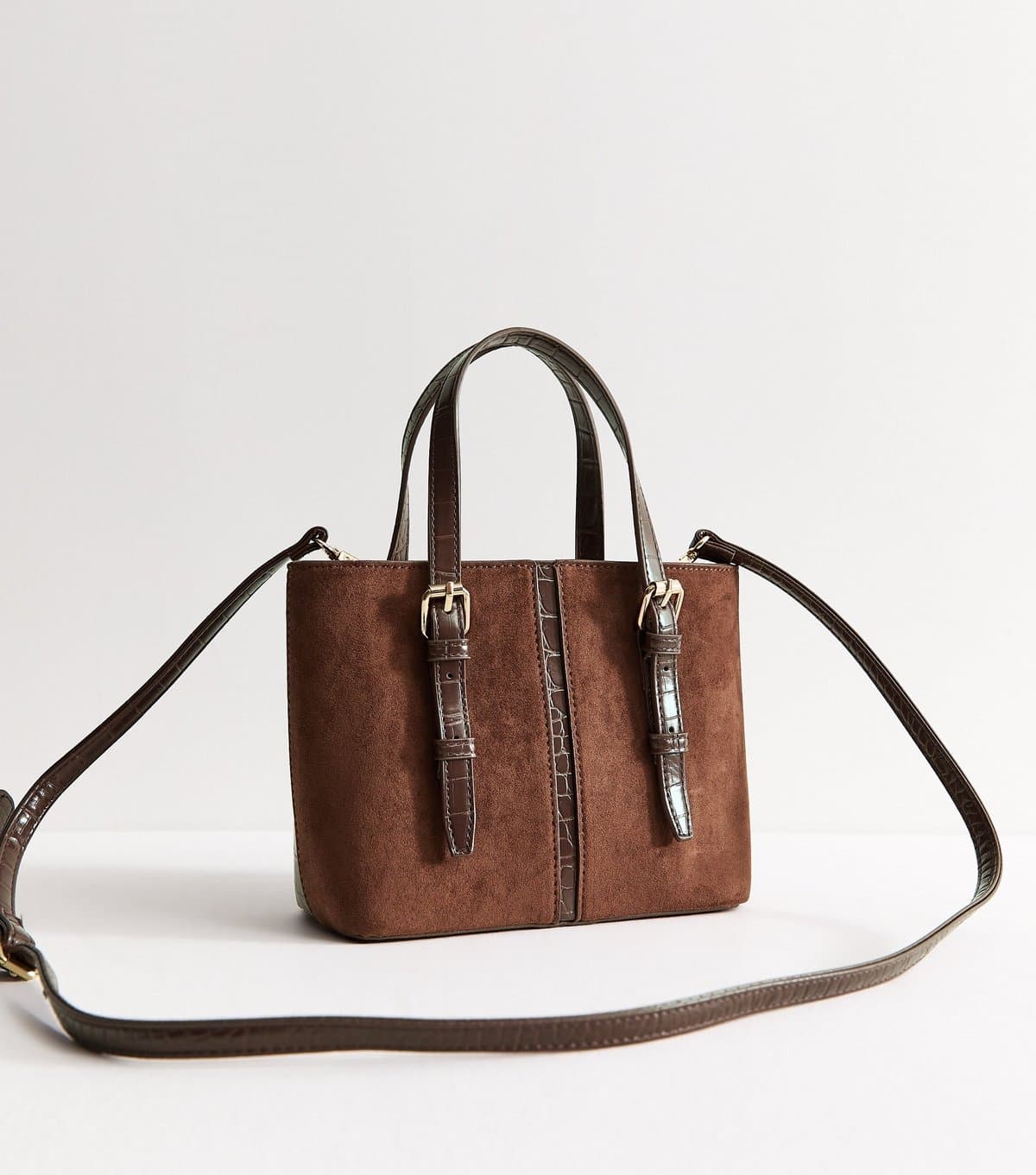 New Look Dark Brown Faux Leather and Suede Buckle Strap Crossbody Bag New Look