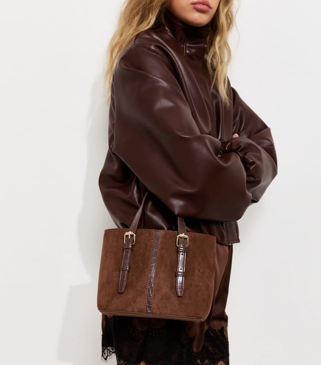 New Look Dark Brown Faux Leather and Suede Buckle Strap Crossbody Bag New Look - 2