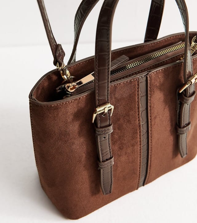 New Look Dark Brown Faux Leather and Suede Buckle Strap Crossbody Bag New Look - 3