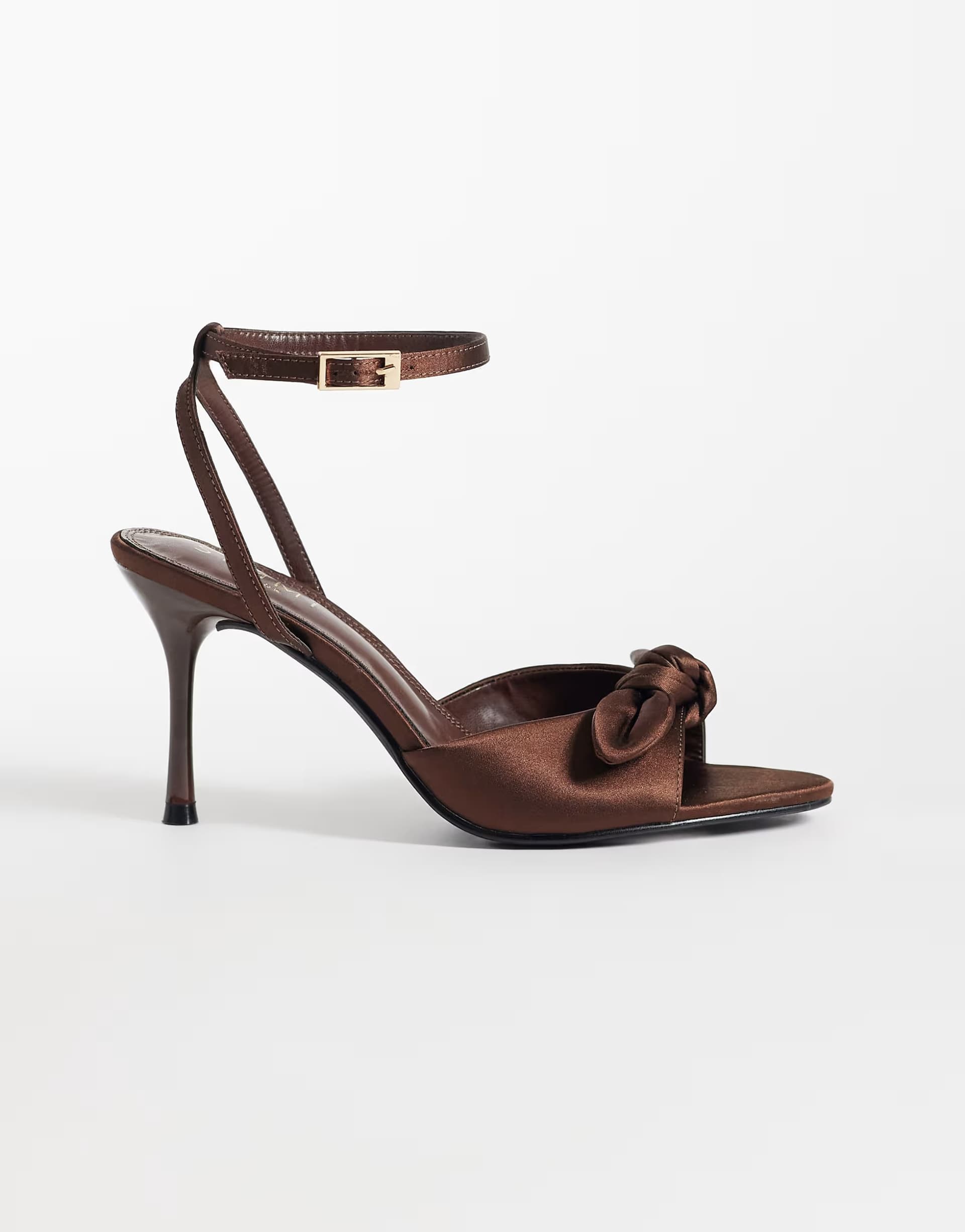 ASOS Simmi London Tiarra Wide Fit heeled sandals with bow in chocolate satin