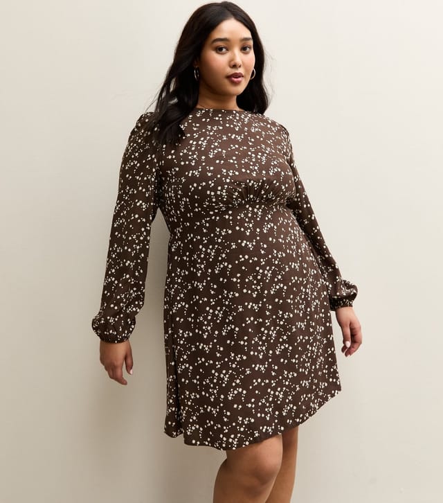 New Look Women's Plus Size Brown Floral Print Long Sleeve Mini Dress Curves New Look - 3