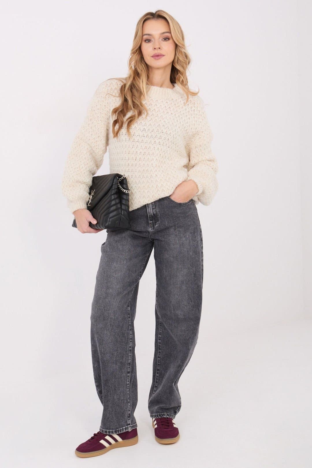 Love Lace Love Lace Women's Waffle Knit Puff Sleeve Sweater in Beige