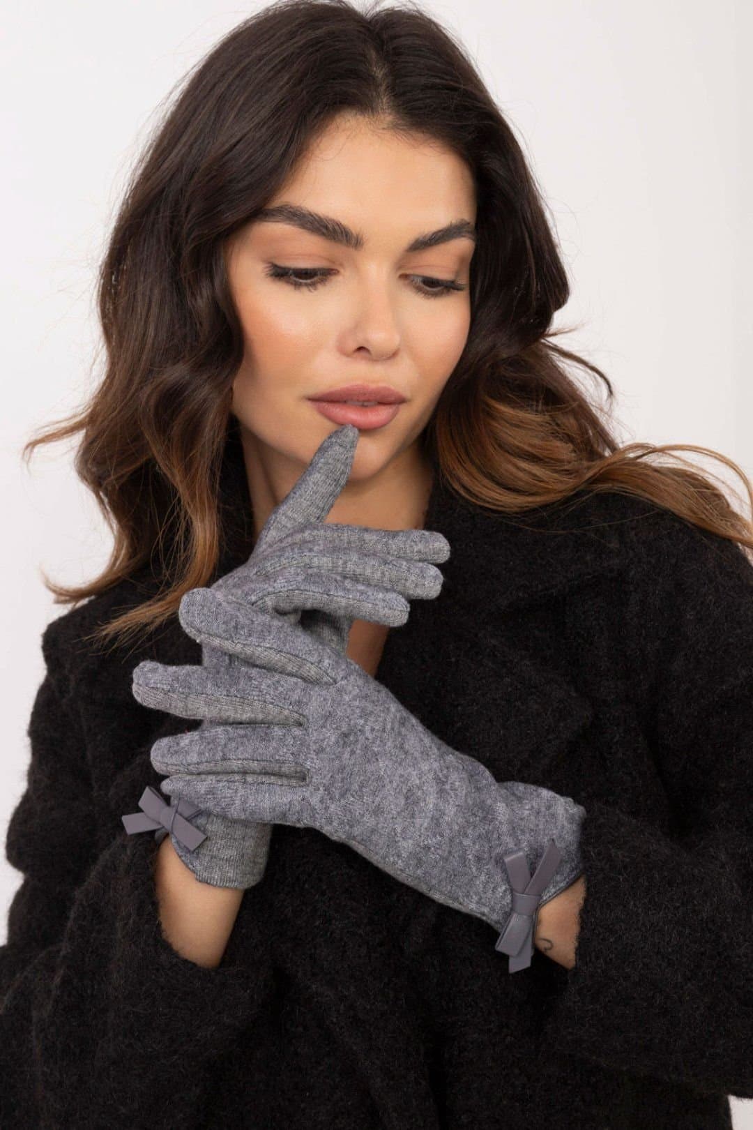 Love Lace Love Lace Women's Elegant Warm Pattern Gloves with Wrist Bows & Flower Touchscreen in Grey