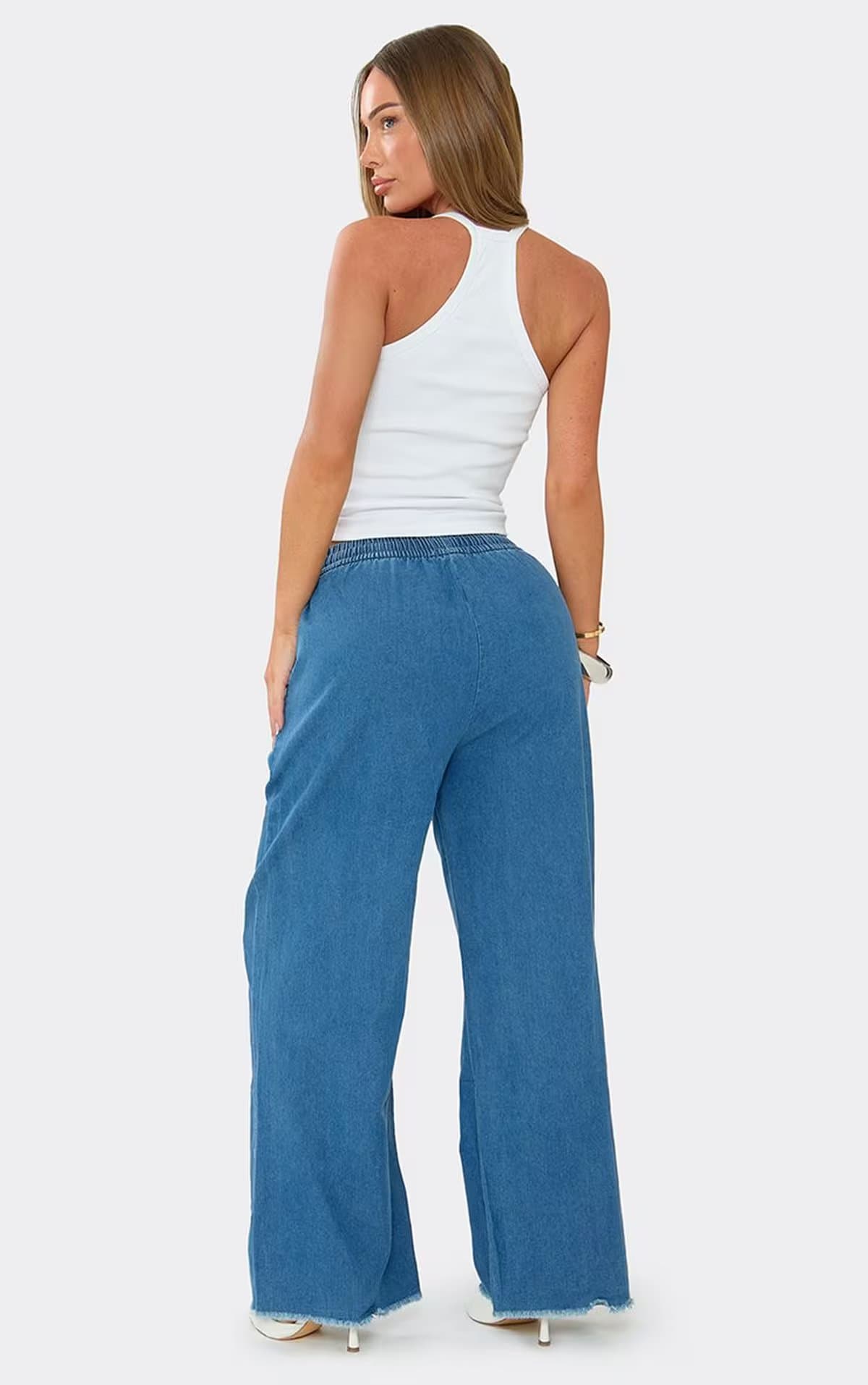 EGO Drawstring Waist Straight Leg Jeans In Blue Ribbed Denim, Women's Size UK L