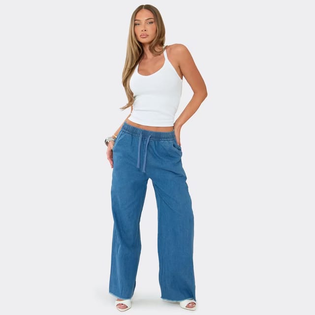 EGO Drawstring Waist Straight Leg Jeans In Blue Ribbed Denim, Women's Size UK L - 2