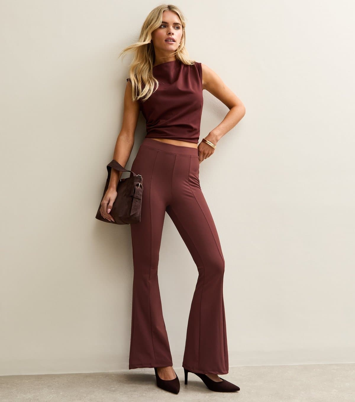 New Look Women's Petite Dark Brown Front Seam Flared Trousers New Look