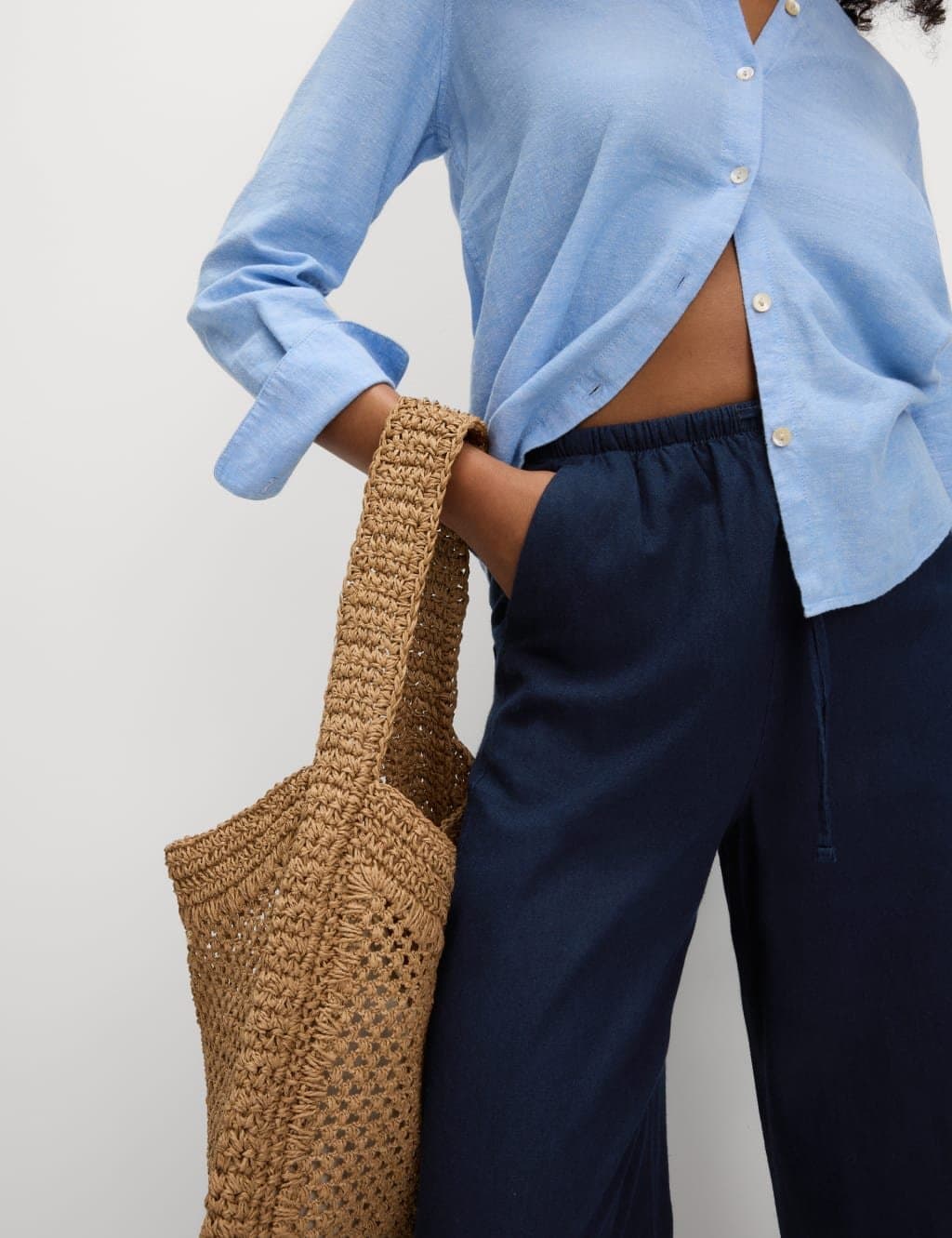 Marks & Spencer M&S Linen Blend Wide Leg Trousers Navy