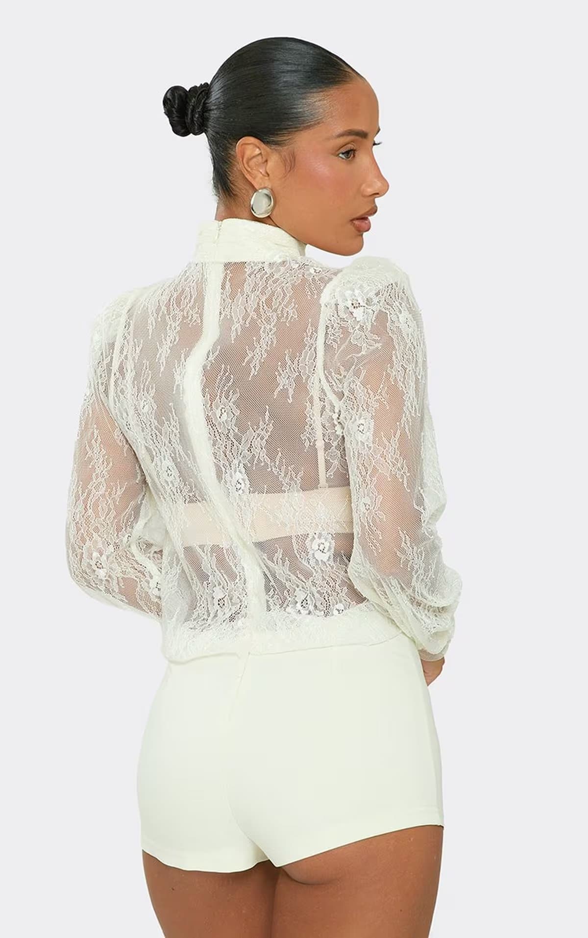 EGO Long Sleeve High Neck Puff Shoulder Contrast Lace Playsuit In Cream, Women's Size UK 6
